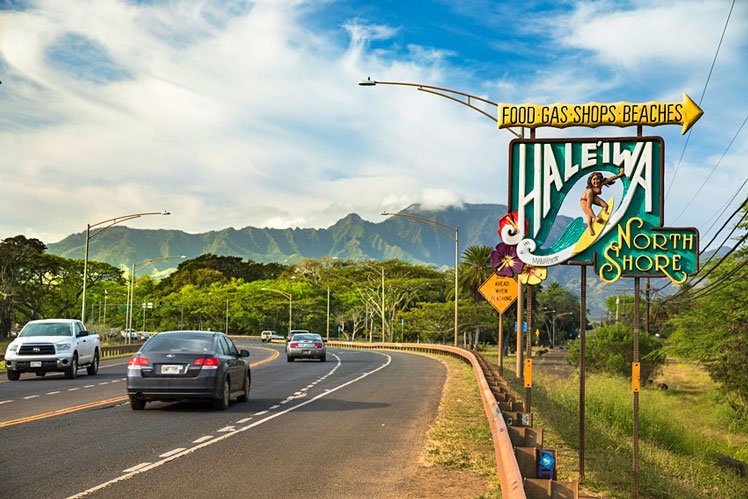 Sign for Haleiwa on the North Shore in the Waialua District..